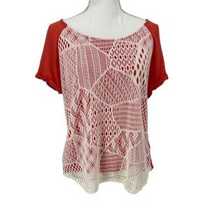 Ella Moss crochet overlay top L short rolled sleeve salmon orange cream